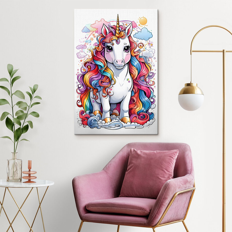 Un unicorn de desene animate cu părul curcubeu