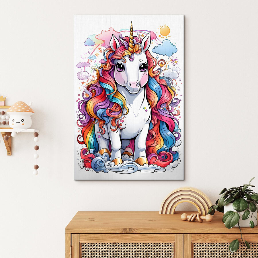 Un unicorn de desene animate cu părul curcubeu