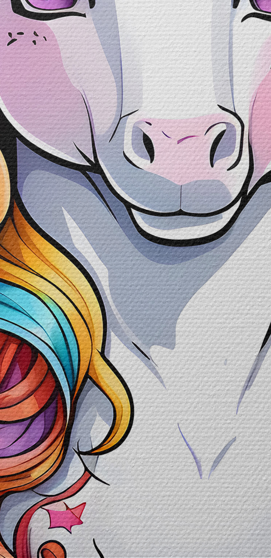 Un unicorn de desene animate cu părul curcubeu