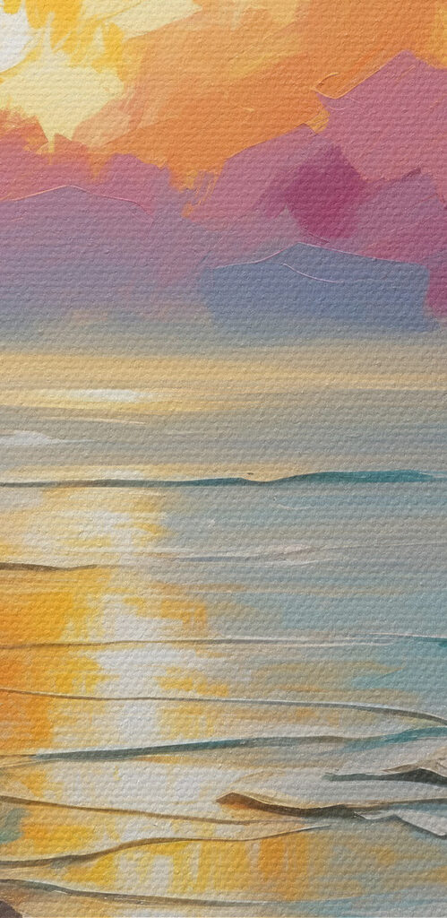 A painting of a beach with palm trees and a sunset