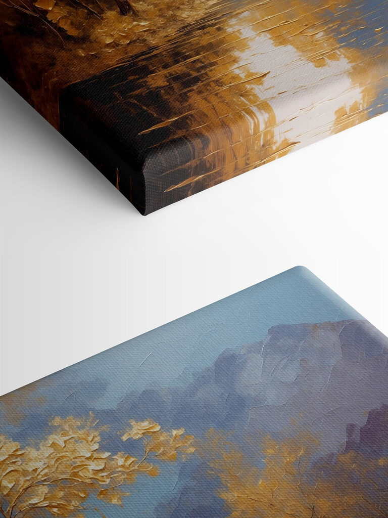 A painting of trees and water