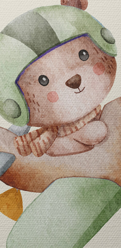 A watercolor painting of a teddy bear in a plane