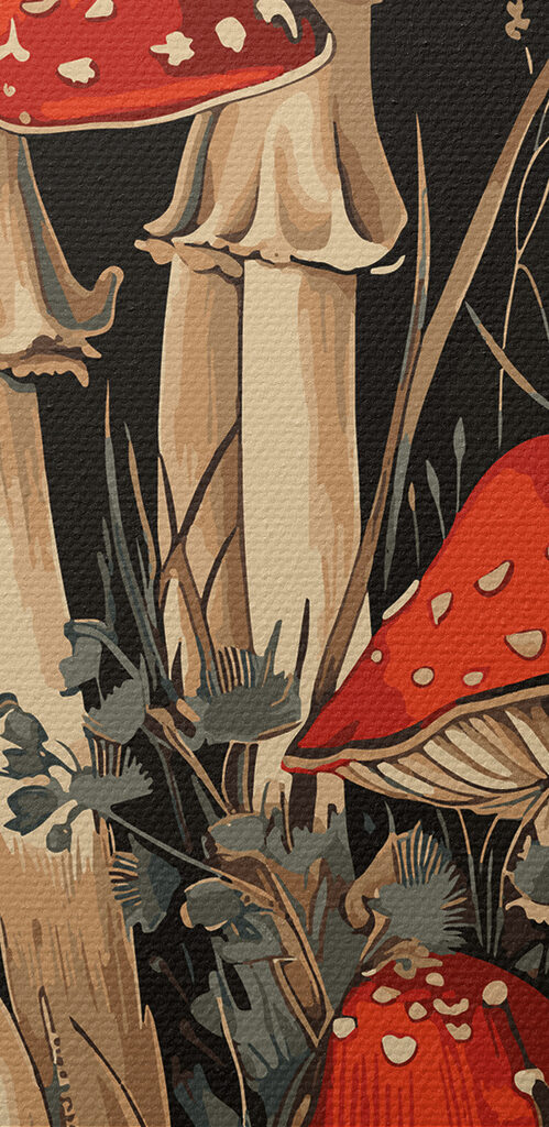 A painting of mushrooms and plants A painting of mushrooms and plants