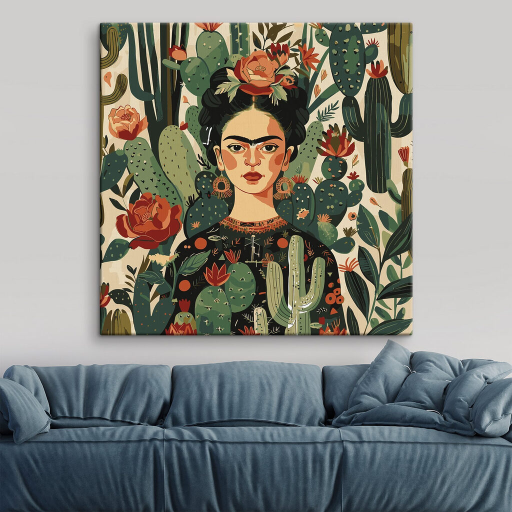A painting of a woman with cactuses