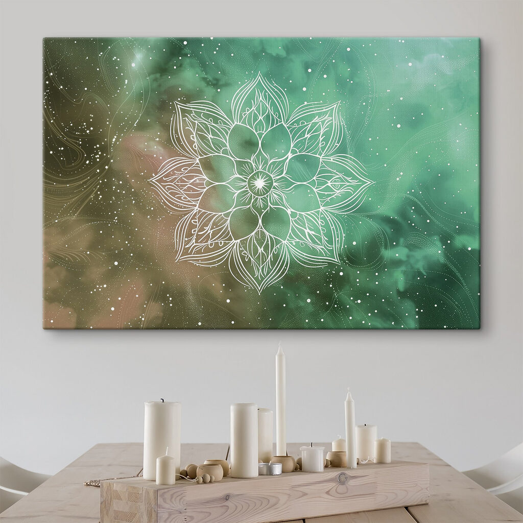 A white mandala on a green and blue background