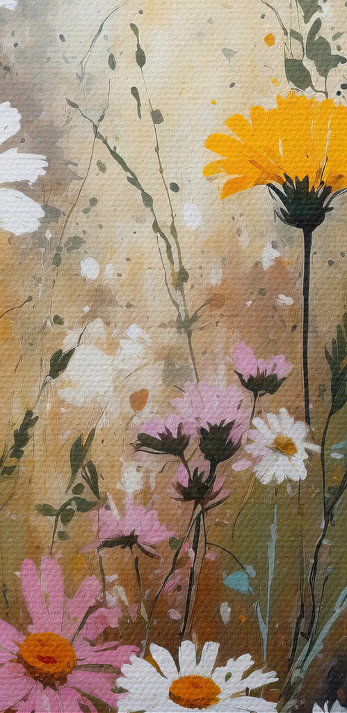 A painting of flowers and leaves