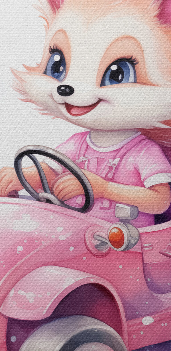 A cartoon fox driving a pink car