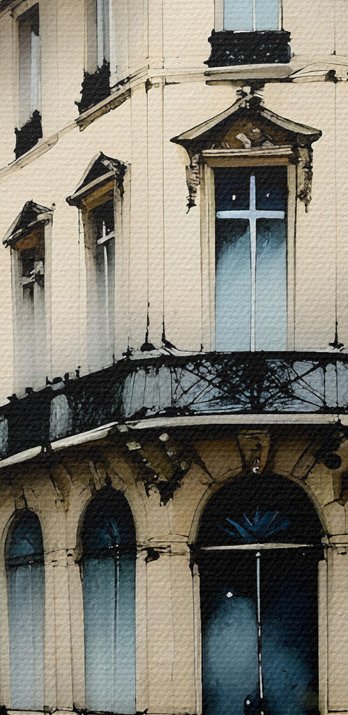A painting of a building with a blue roof A painting of a building with a blue roof