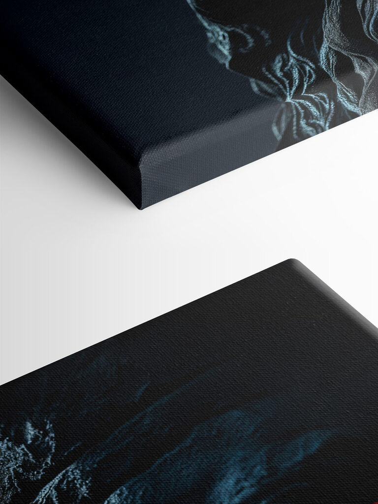 A statue of a man with red eyes