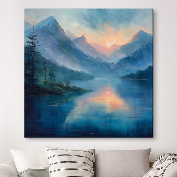 Pictura unui lac cu munți și copaci Pictura unui lac cu munți și copaci