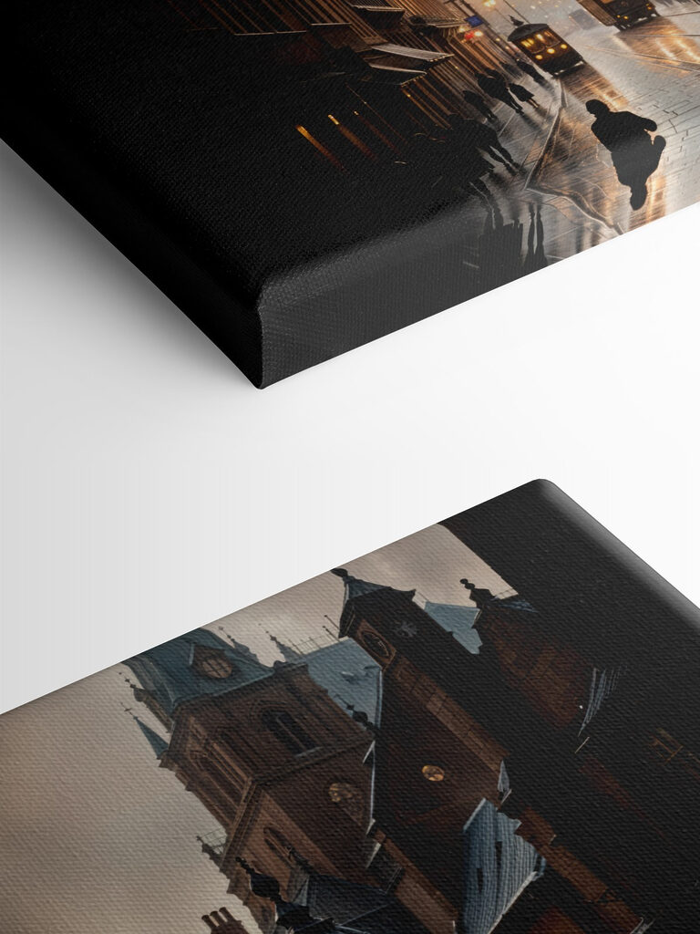 Street with buildings and a train on it