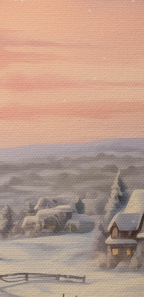 Snow covered village with houses and a fence