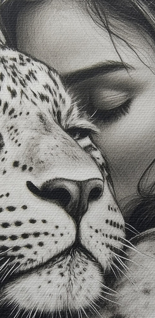 Drawing of a woman hugging a leopard Drawing of a woman hugging a leopard
