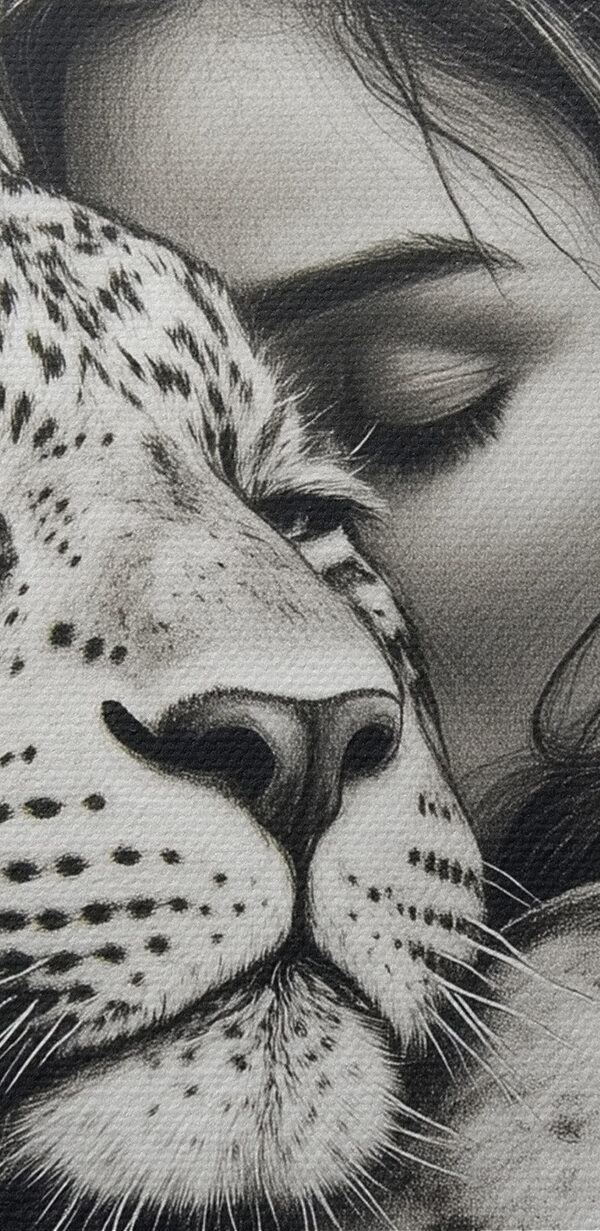 Desenul unei femei care îmbrățișează un leopard Desenul unei femei care îmbrățișează un leopard