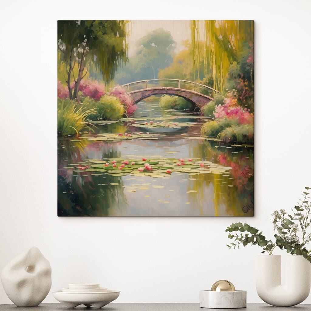 Bridge over a pond with lily pads and flowers