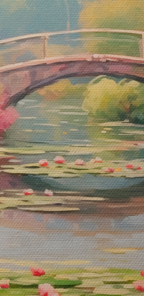 Bridge over a pond with lily pads and flowers