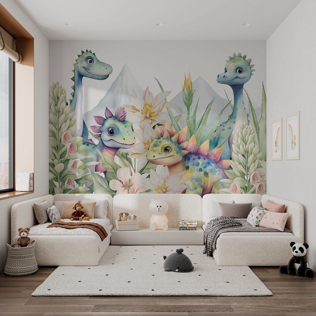 Group of dinosaurs surrounded by flowers