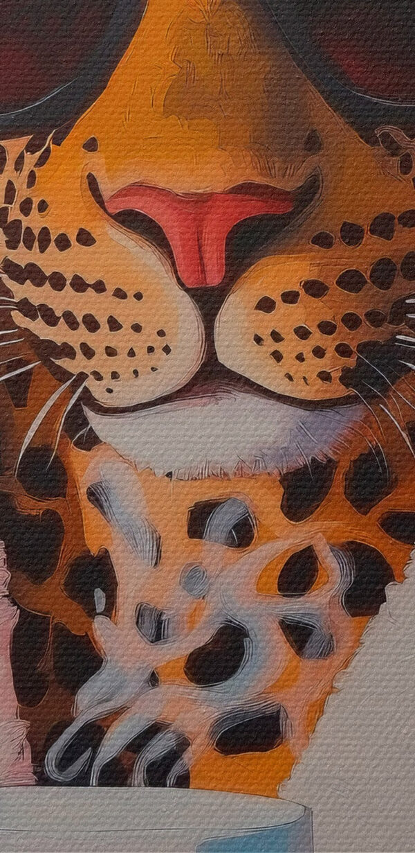 Pictura unui leopard care poartă un halat și ochelari de soare și ține o ceașcă Pictura unui leopard care poartă un halat și ochelari de soare și ține o ceașcă