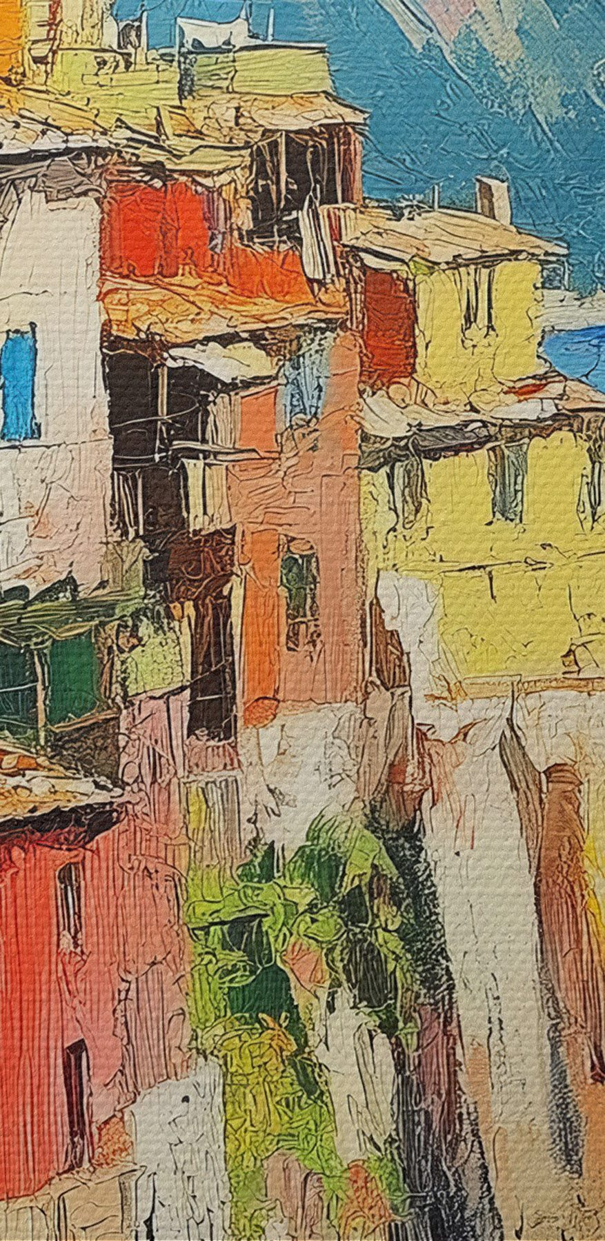 Pictura unui oraș colorat pe o stâncă lângă apă