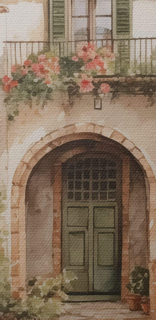 Painting of a house with potted plants
