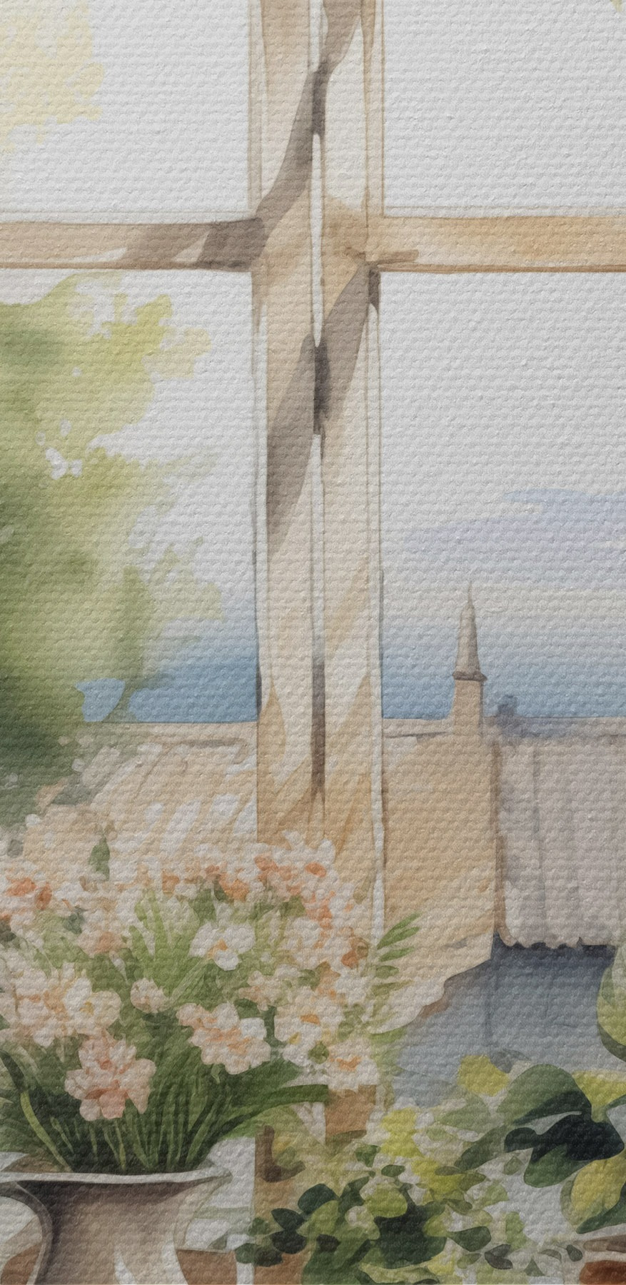 Pictura acuarelă a unei ferestre cu plante în ghiveci