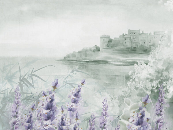 Pictura acuarelă a unui castel și flori Pictura acuarelă a unui castel și flori