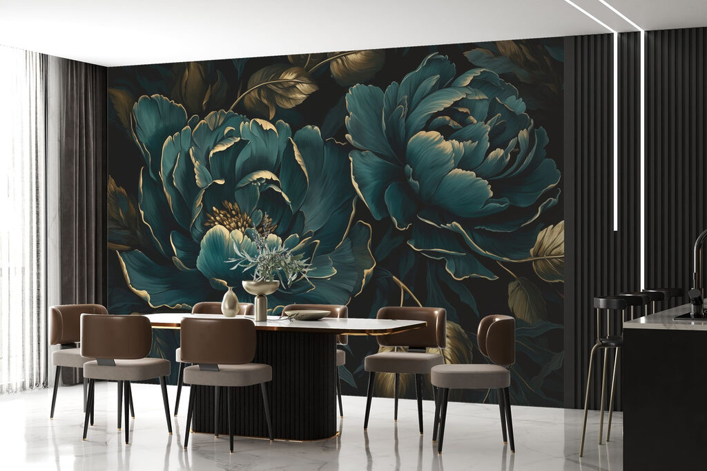 Textured blue peonies on dark background