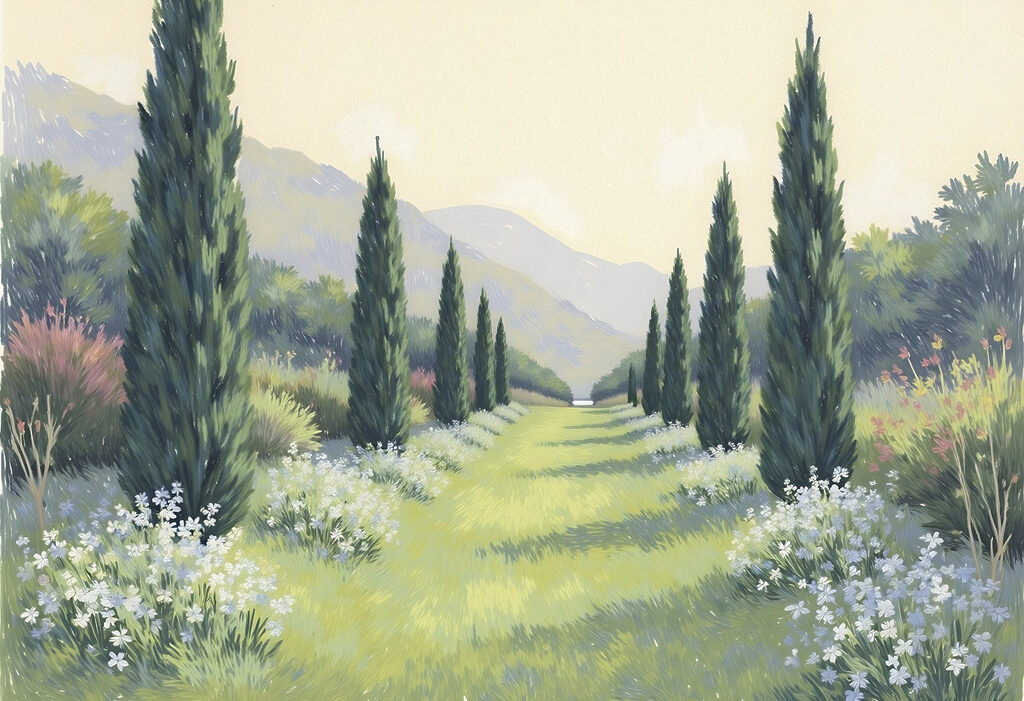 Pictura unui peisaj cu copaci și flori Pictura unui peisaj cu copaci și flori