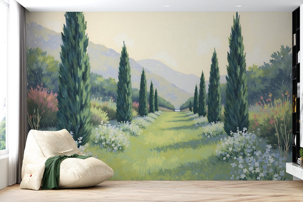 Painting of a landscape with trees and flowers