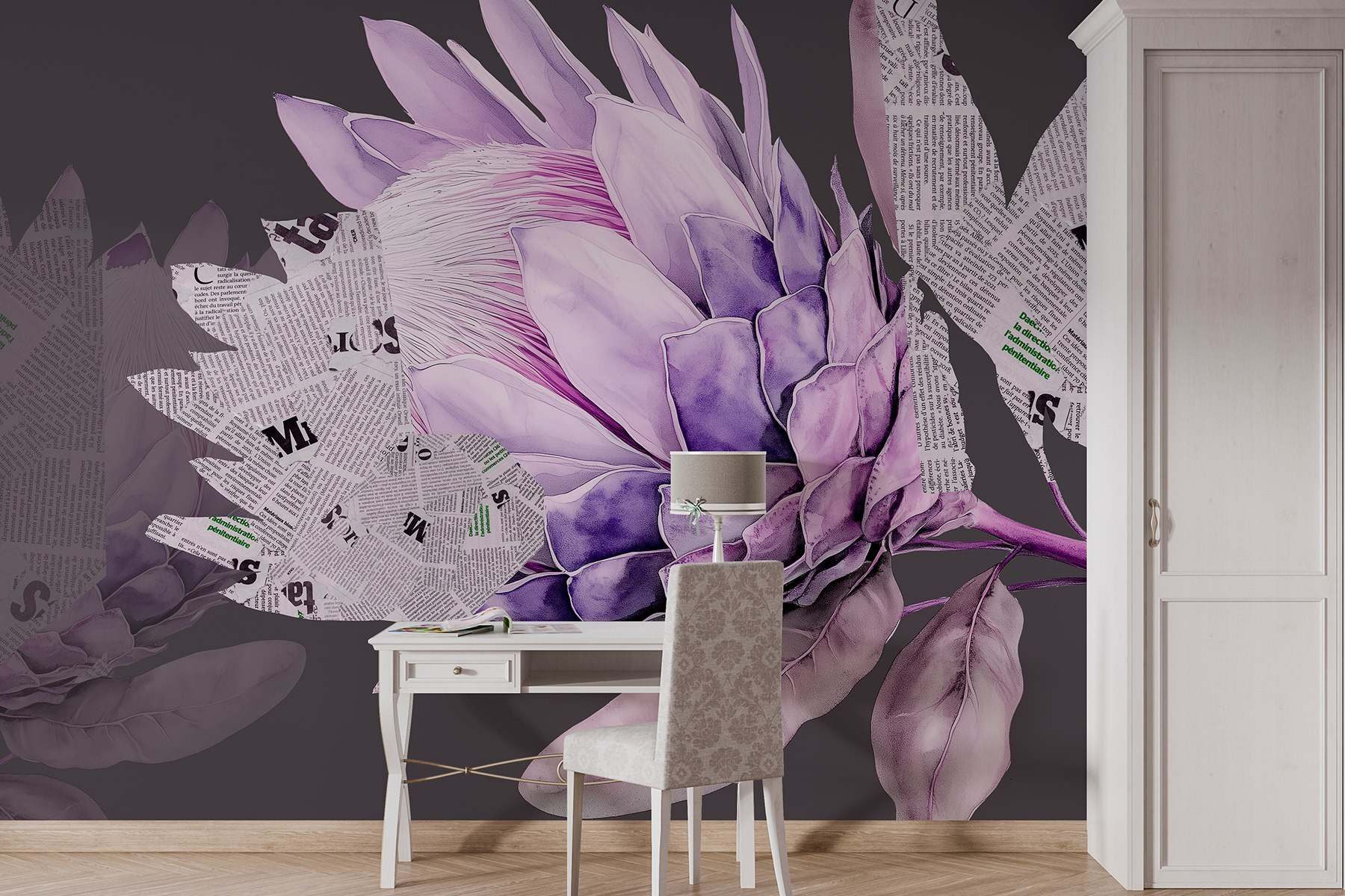 Purple flower with newspaper