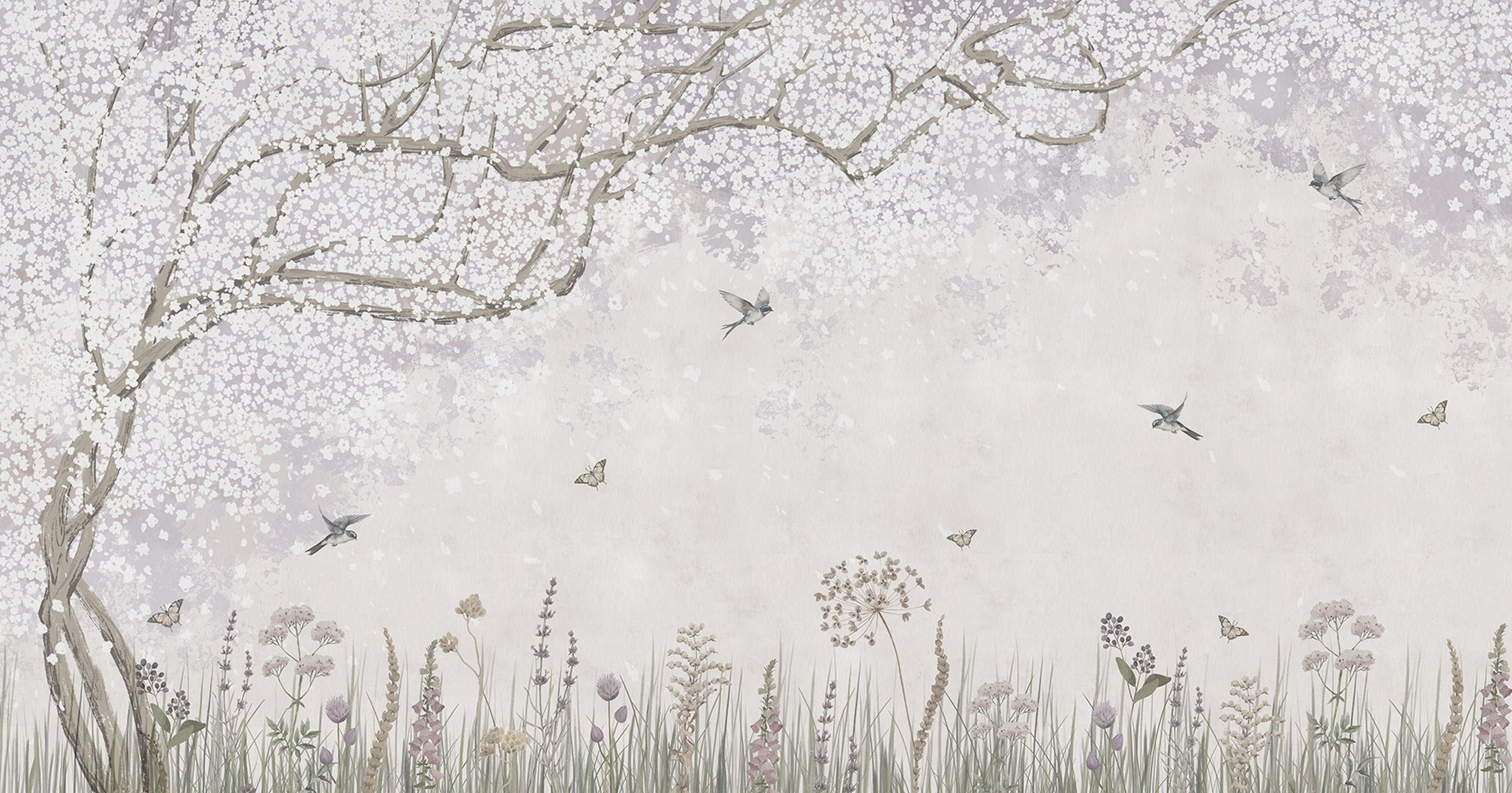 Painting of a garden with flowers and butterflies