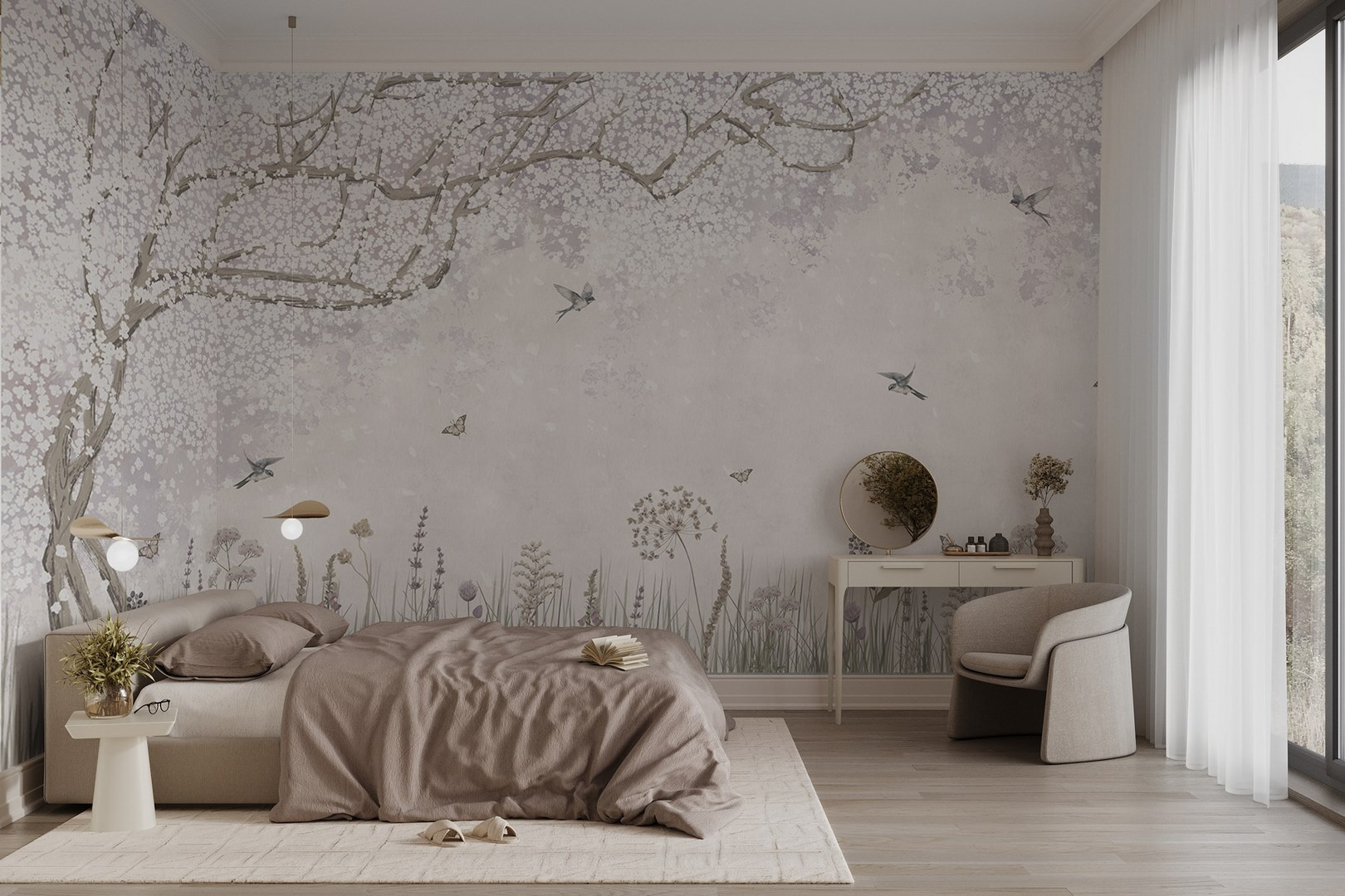 Painting of a garden with flowers and butterflies