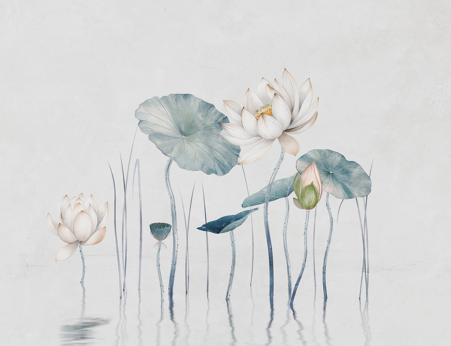 Painting of flowers and leaves in water Painting of flowers and leaves in water