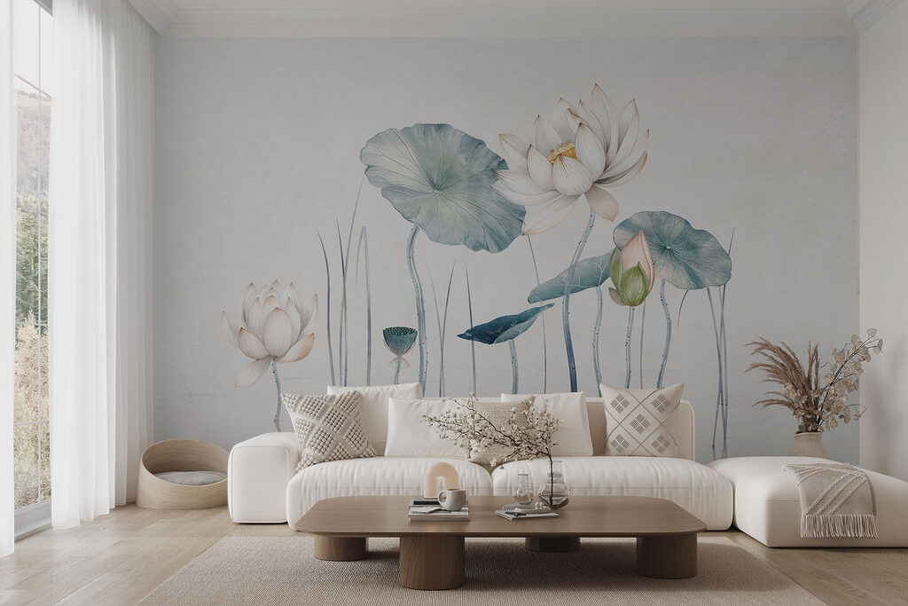 Painting of flowers and leaves in water Painting of flowers and leaves in water