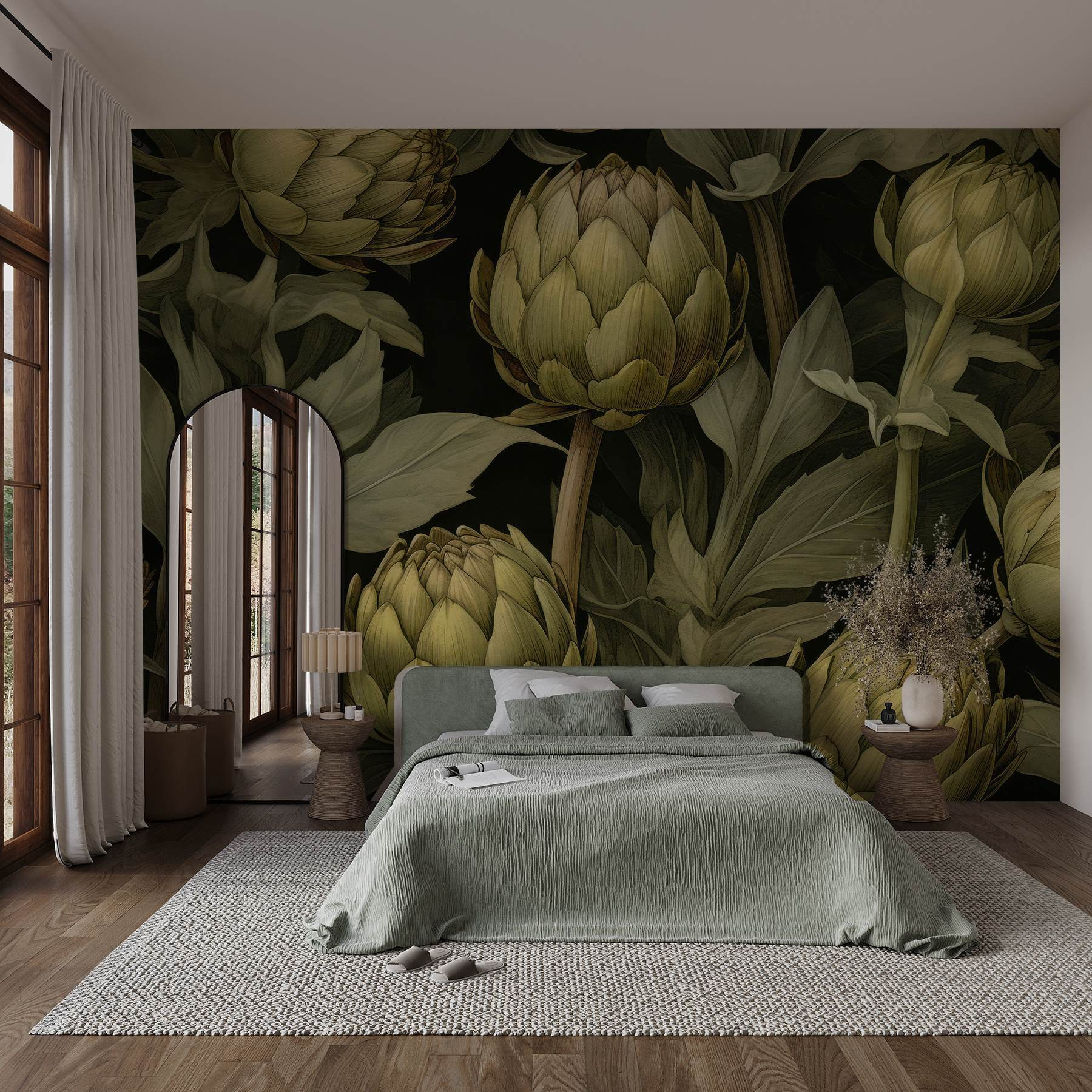 Artichokes with leaves and stems on a black background