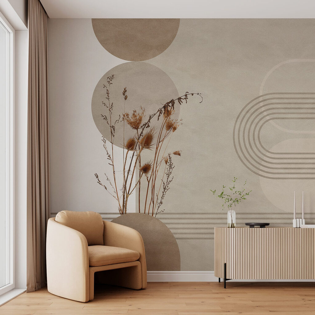 Brown and white background with brown and white circles and plants