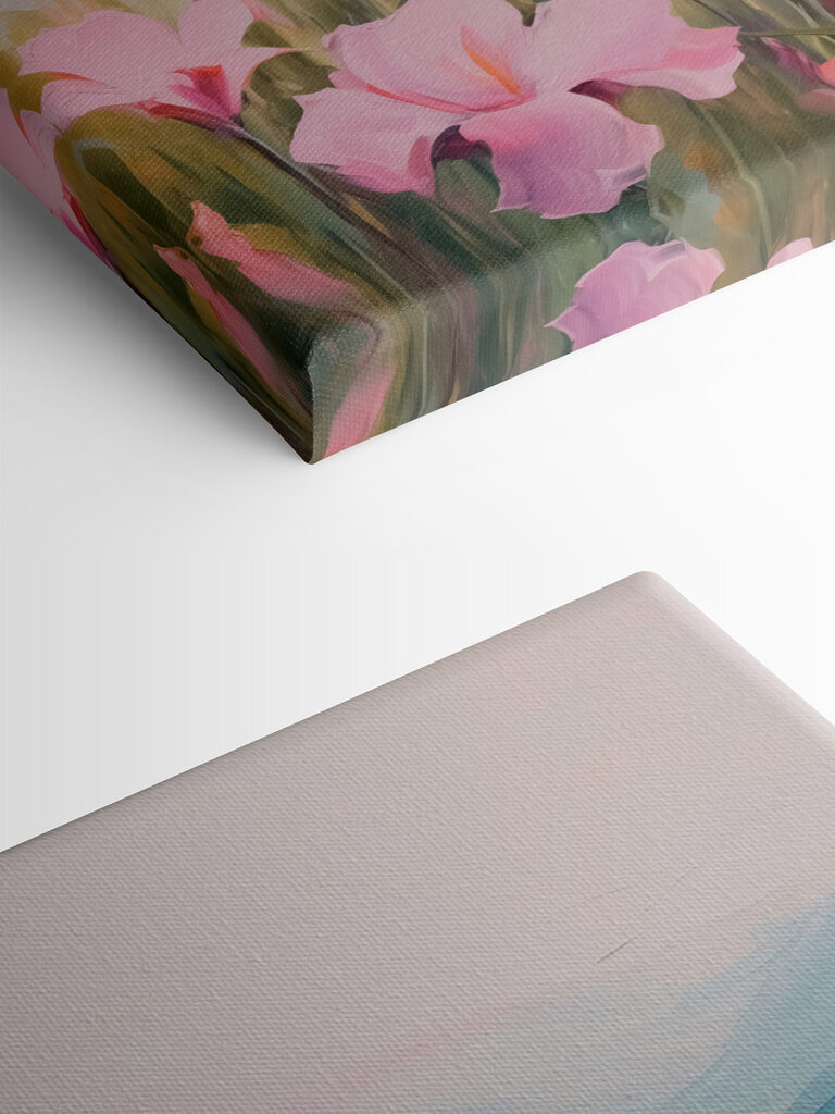 Painting of pink flowers in a field