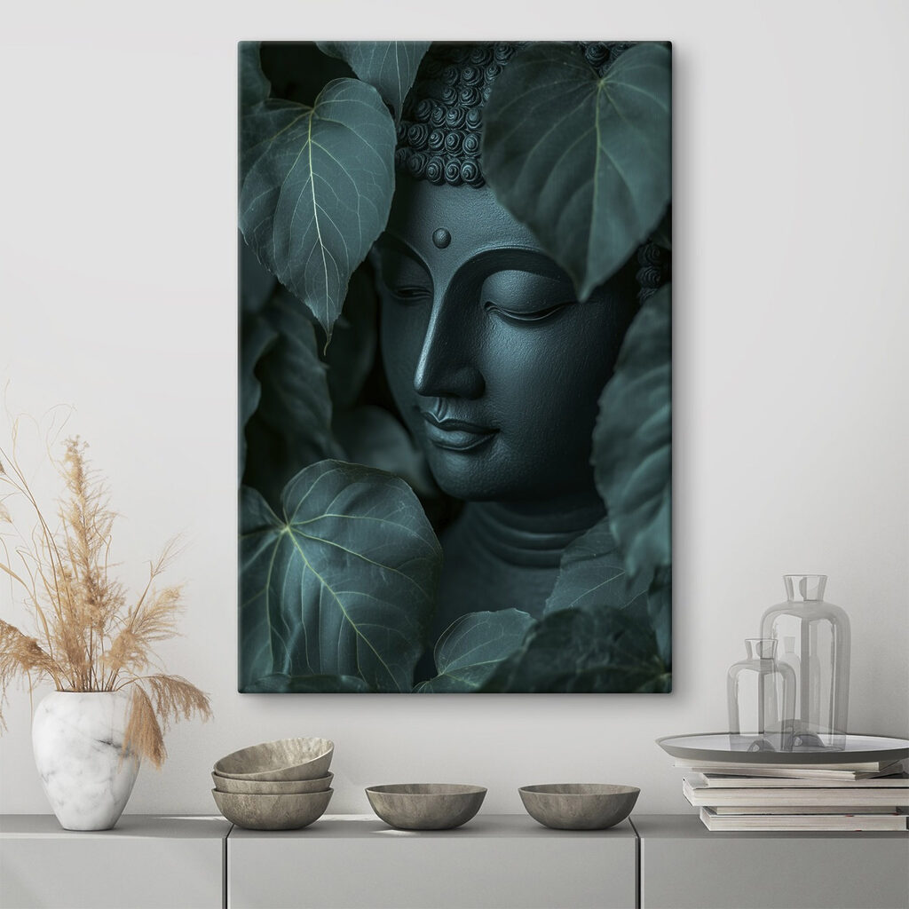 Statue of a person's face surrounded by leaves