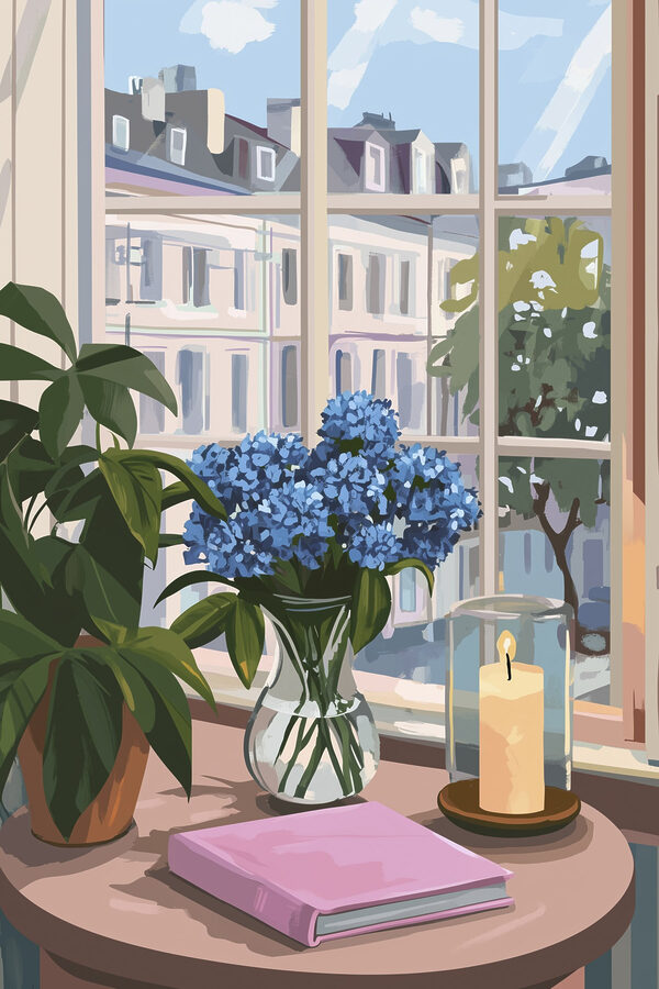 Vase of flowers and a candle in front of a window Vase of flowers and a candle in front of a window