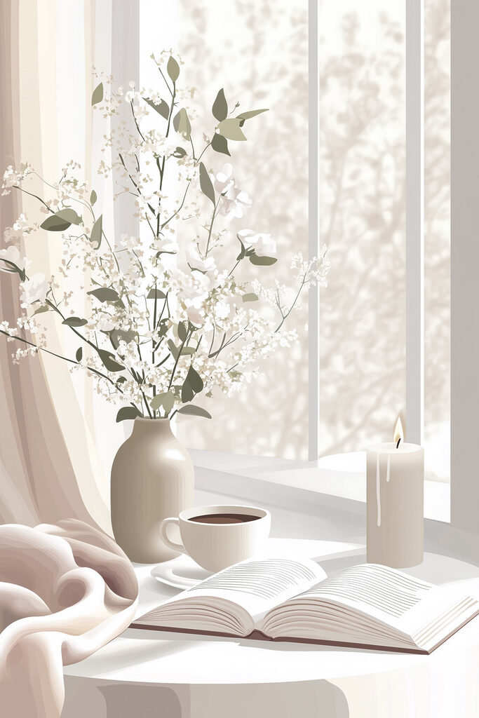 Cup of coffee and a vase of flowers on a window sill