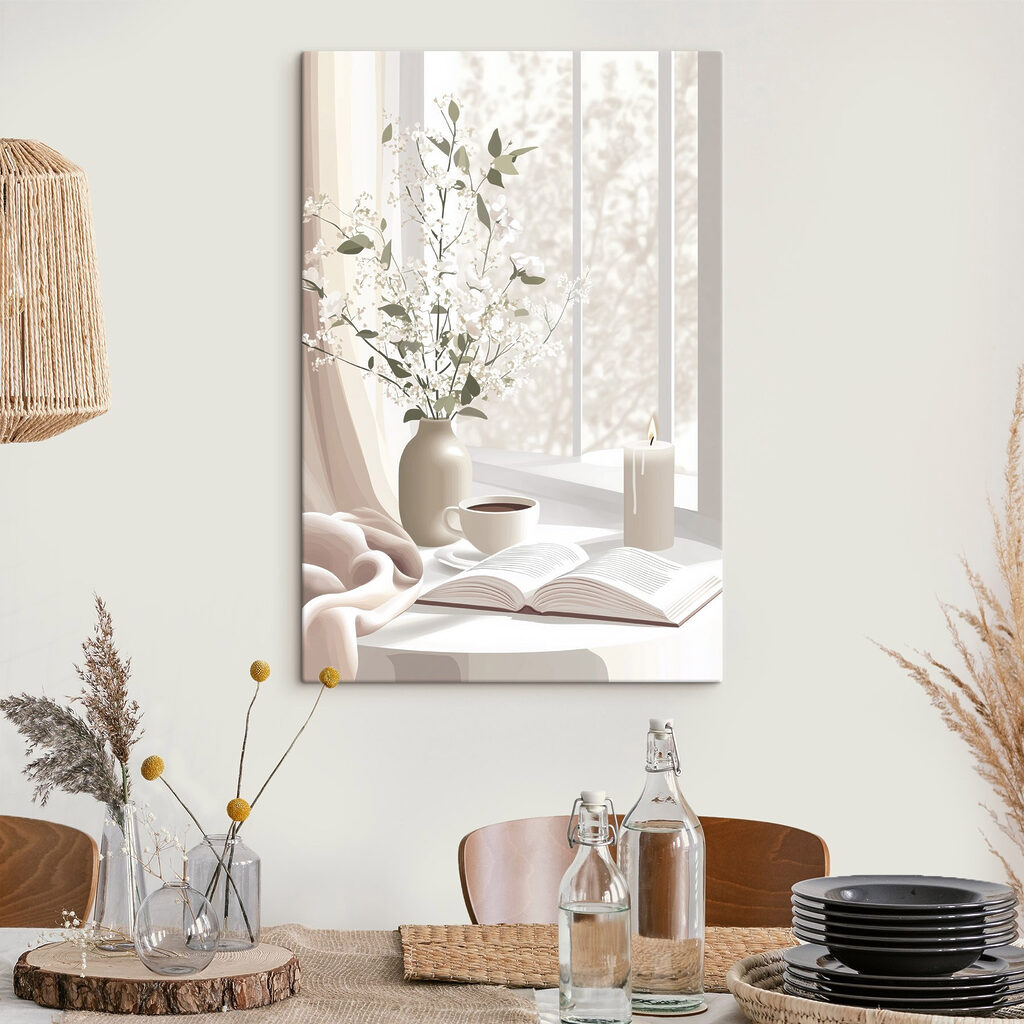 Cup of coffee and a vase of flowers on a window sill