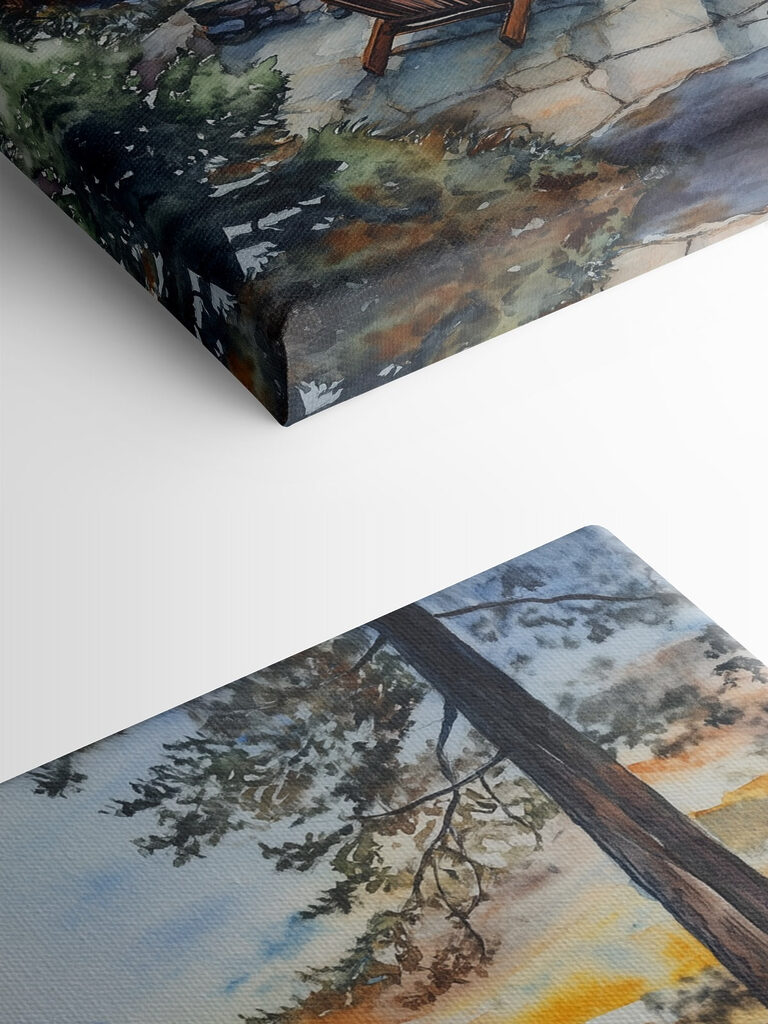 Watercolor painting of chairs around a fire pit overlooking a lake