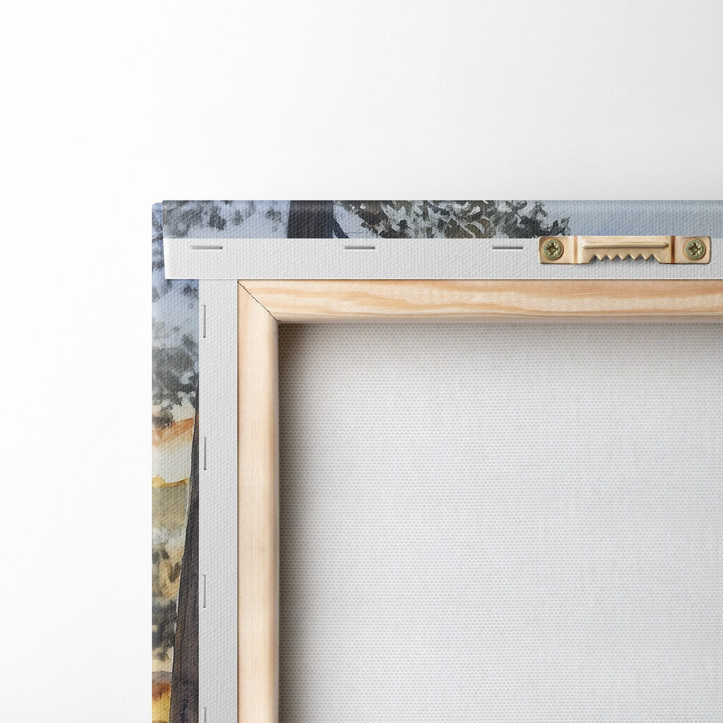 Watercolor painting of chairs around a fire pit overlooking a lake