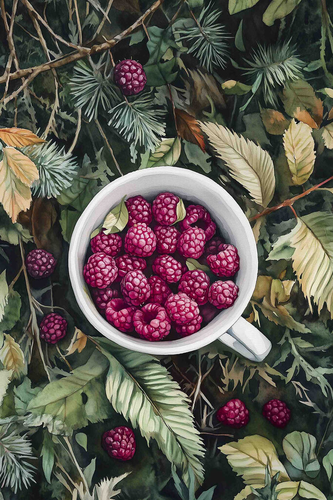 Cup of raspberries on leaves
