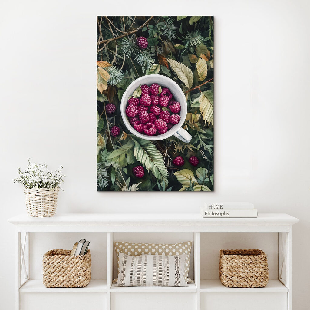 Cup of raspberries on leaves