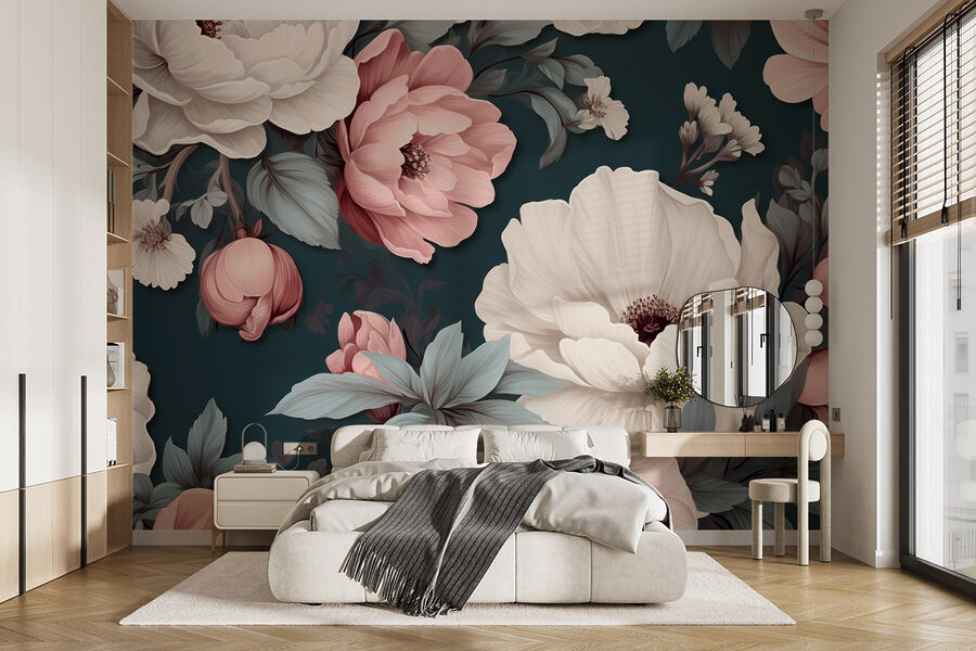 Model floral cu flori albe și roz