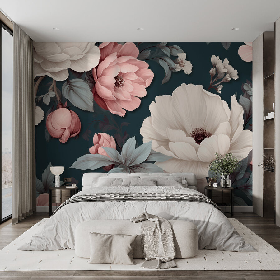 Model floral cu flori albe și roz