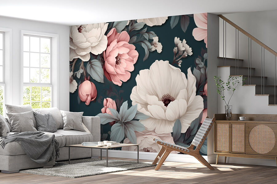 Model floral cu flori albe și roz