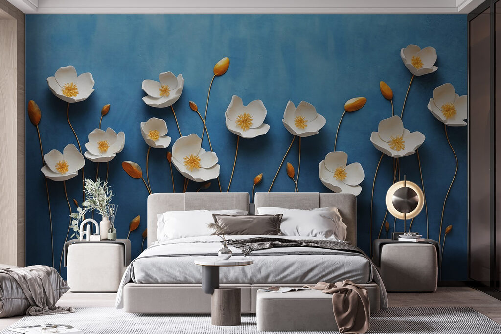 Group of white flowers on a blue background