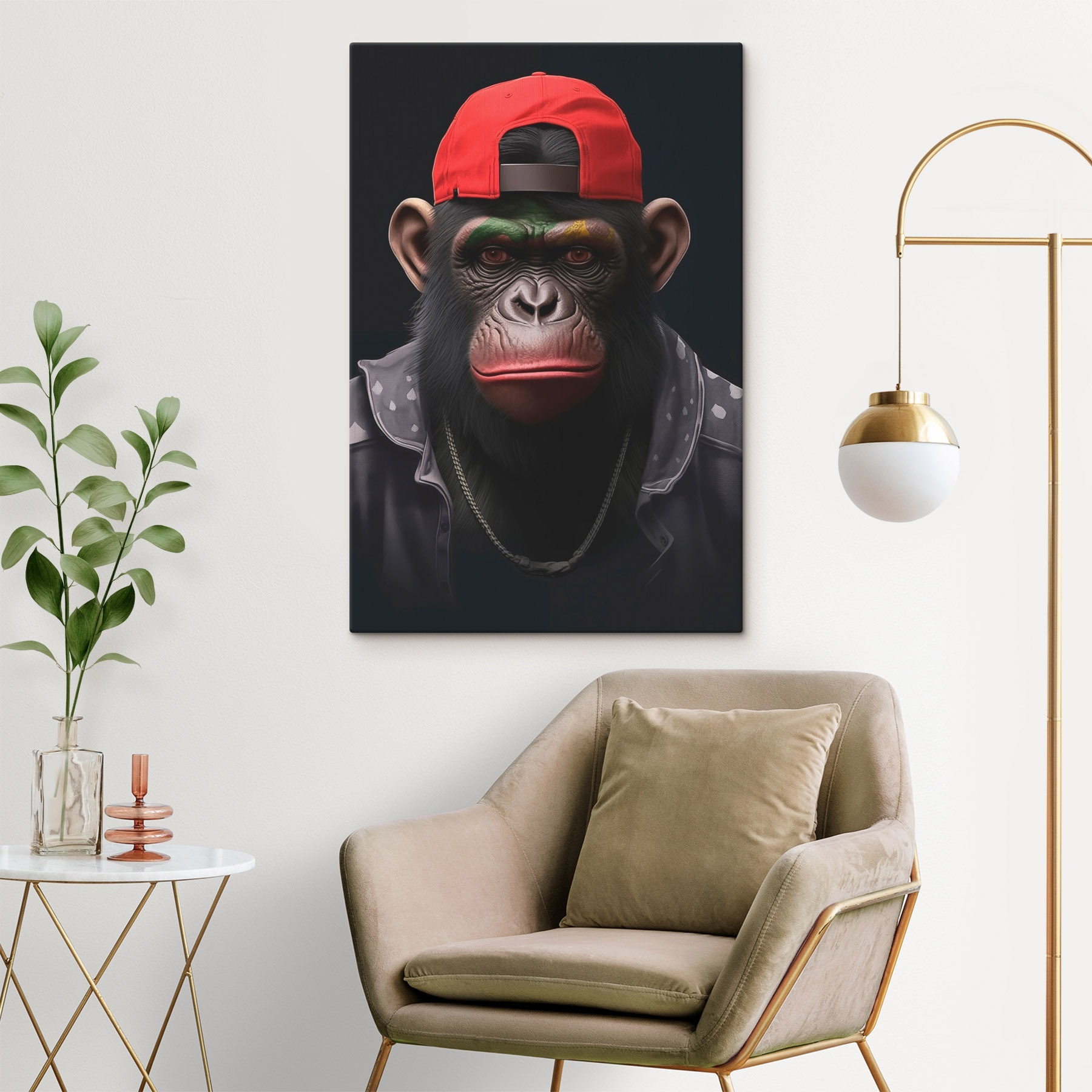 Chimpanzee wearing a red hat and jacket Chimpanzee wearing a red hat and jacket
